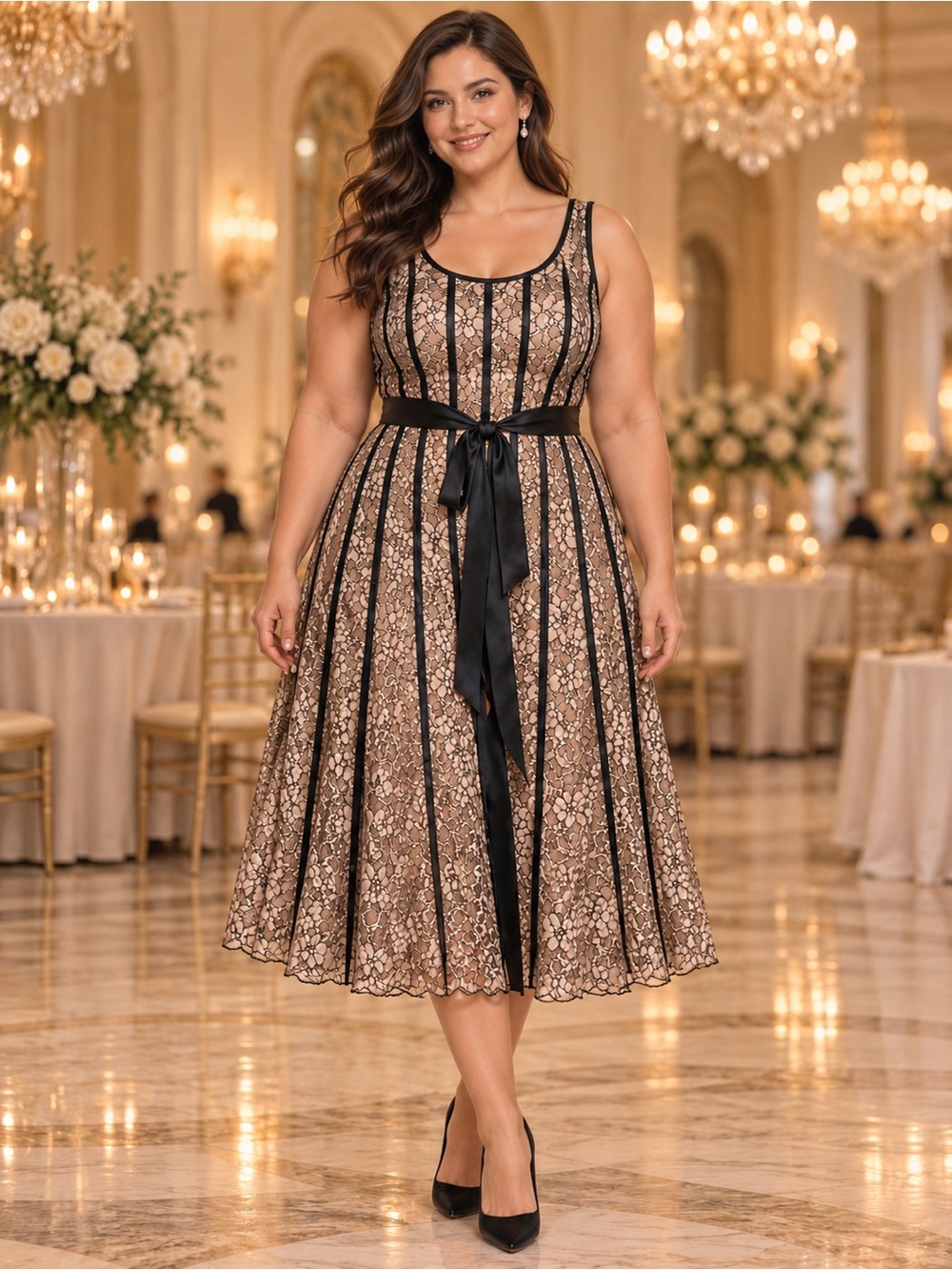 SLNY Navy and Beige Lace-Striped Sleeveless Belted Dress
